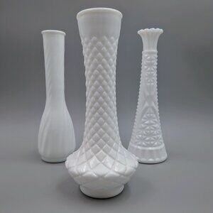 Set of 3 Vintage White Milk Glass Bud Vases - 9" Shabby Chic Floral Decor